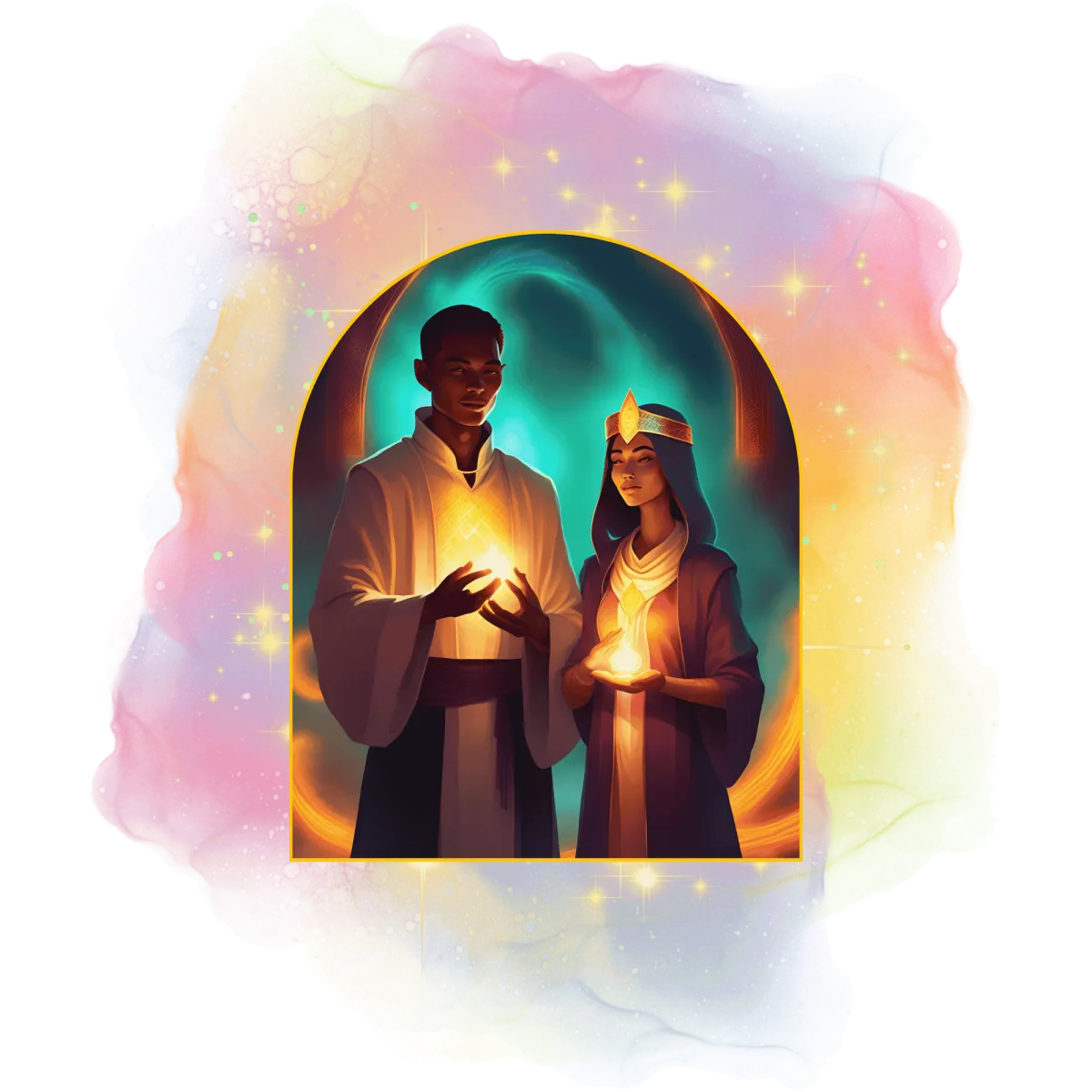 Mann og kvinne er lysarbeidere og omgitt av energier av heling og gull.