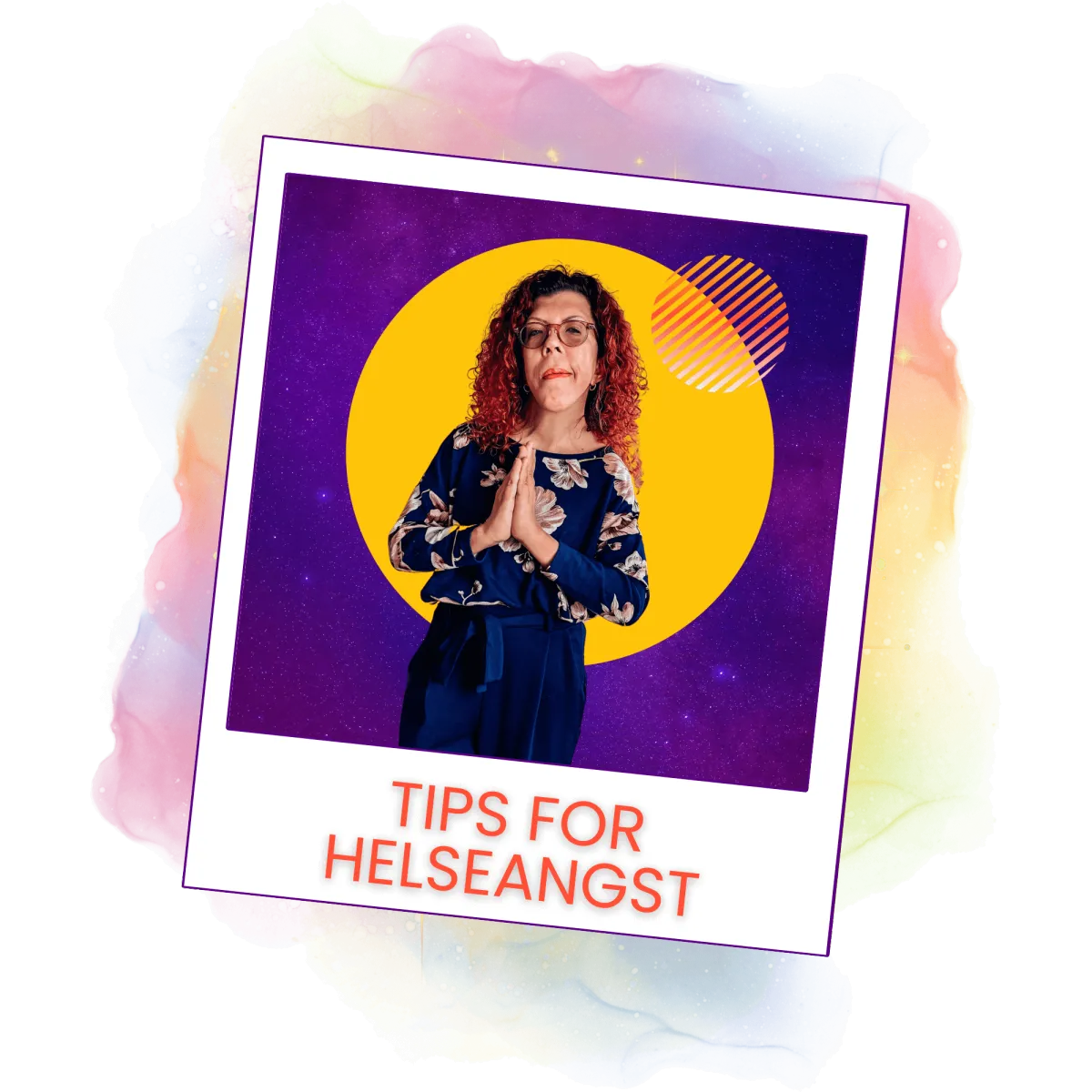 Tips for helseangst. En kvinne i marinablått antrekk med rosa blomster på toppen. Kontroll og healing av helseangst. Bildet er i en ramme som får det til å se ut som det er tatt med et polaroidkamera