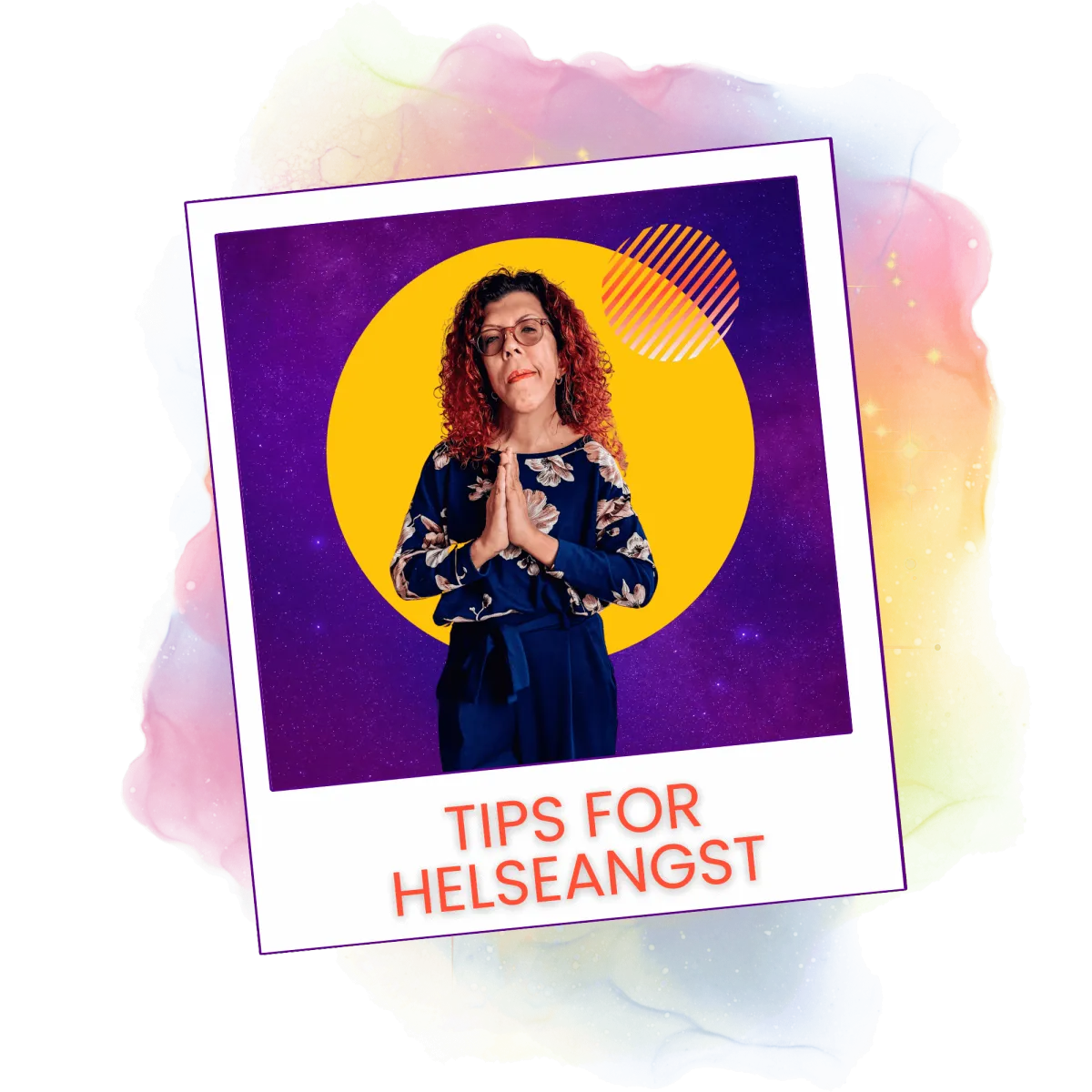Tips for helseangst. En kvinne i marinablått antrekk med rosa blomster på toppen. Kontroll og healing av helseangst. Bildet er i en ramme som får det til å se ut som det er tatt med et polaroidkamera