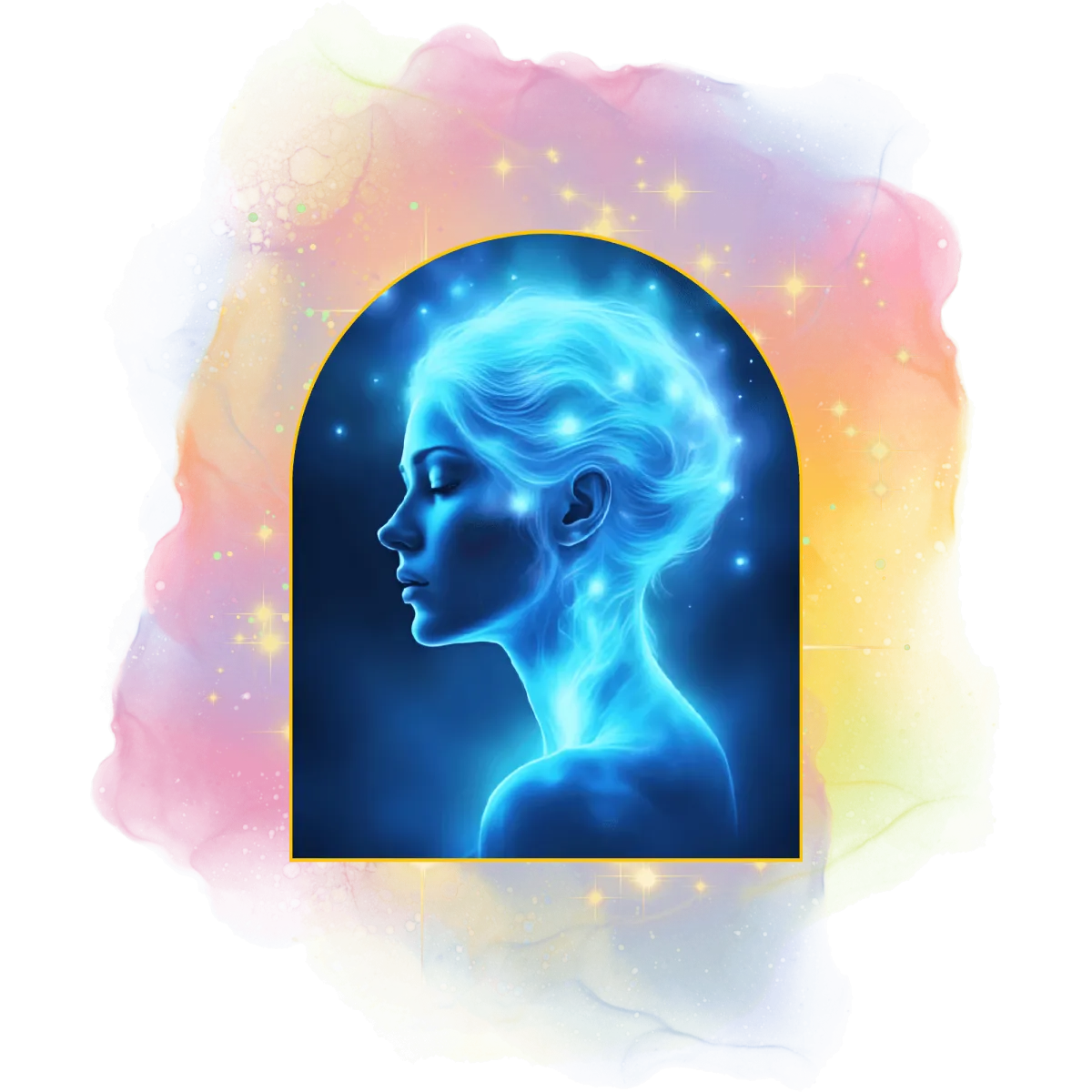 En blå siluett og en balansering og healing av halschakra med disse energiene.