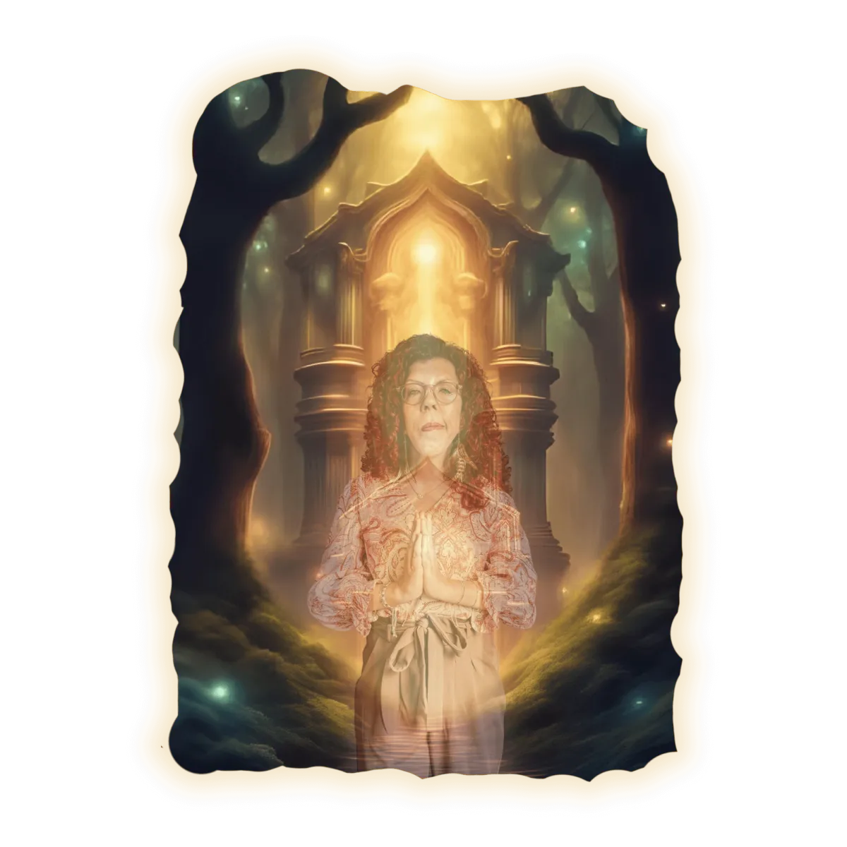 Tempel, visdom, ur-kraft, skog og eterisk magi. Kvinnelig lysarbeider i sin kraft.