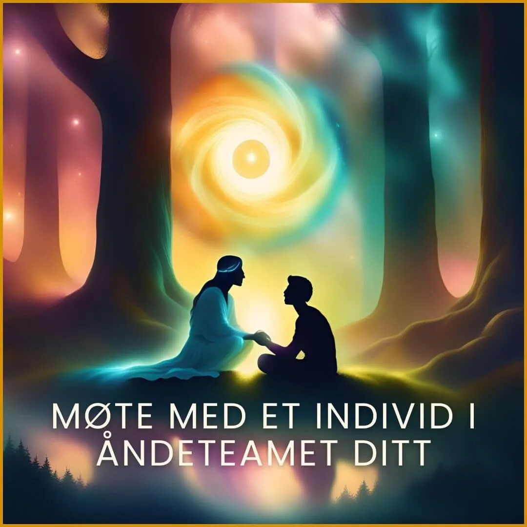 Møte med et individ i åndeteamet ditt. D er aldri alene. Bildet viser to sjeler (en fysisk og en ikke-fysisk) som er sammen i hellig møte, forbindelse og samtale.