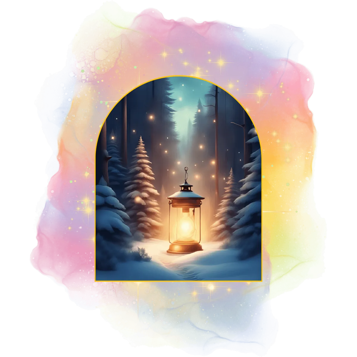 Adventens fire flammer, Universets adventskalender for 2025. Lyslykt, flamme, trær, snø, vinterlandskap, advent, juletid..