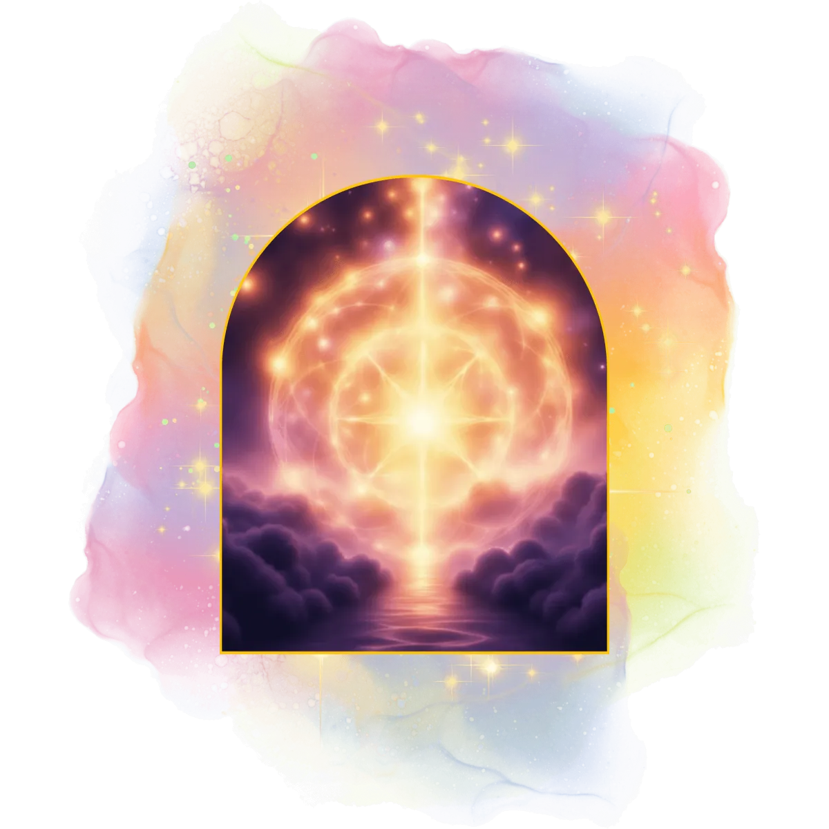 En vugge med stjerner, lys, universet og stjernestøv glitrende rundt. Krybben står på skyer. Et blått, lysende og glitrende hjerte svever over vuggen.