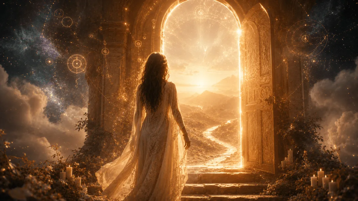 A woman entering holy door filed with possibilities.