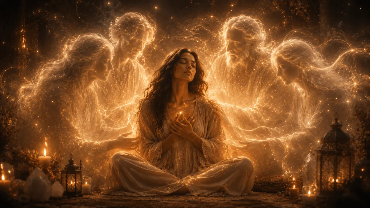 A woman is feeling the present of her team of spirits.