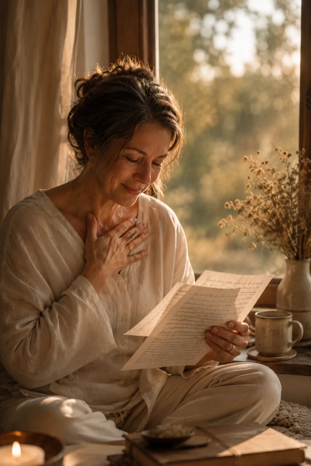 Woman reading a personal Letter from Spirit by a sunlit window, reflecting with gratitude and a hand over her heart in a quiet moment of spiritual remembrance.