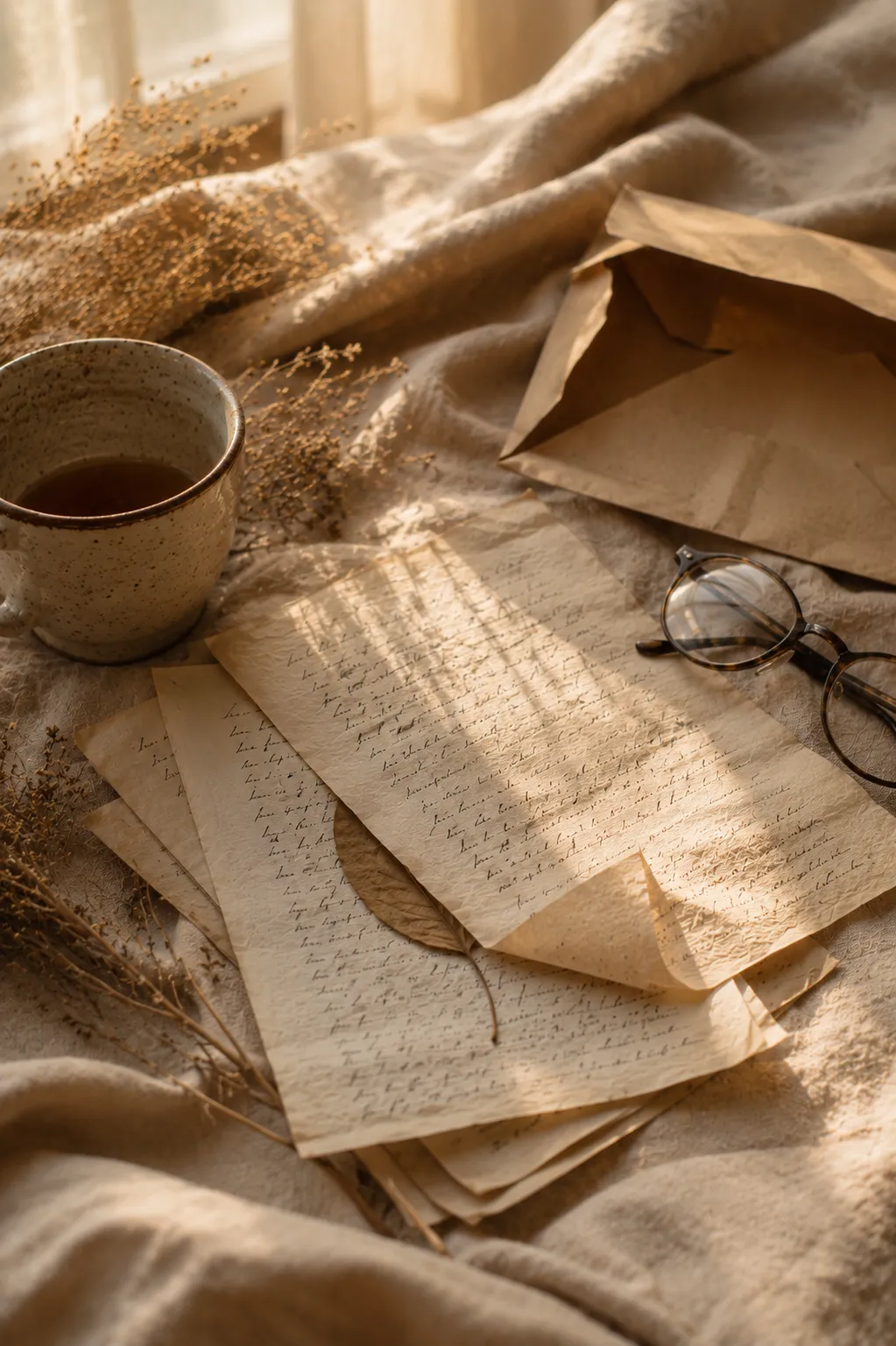 Handwritten Letter from Spirit resting on linen beside an open envelope, reading glasses and a cup of tea, symbolising quiet reflection, remembrance and personal spiritual guidance.