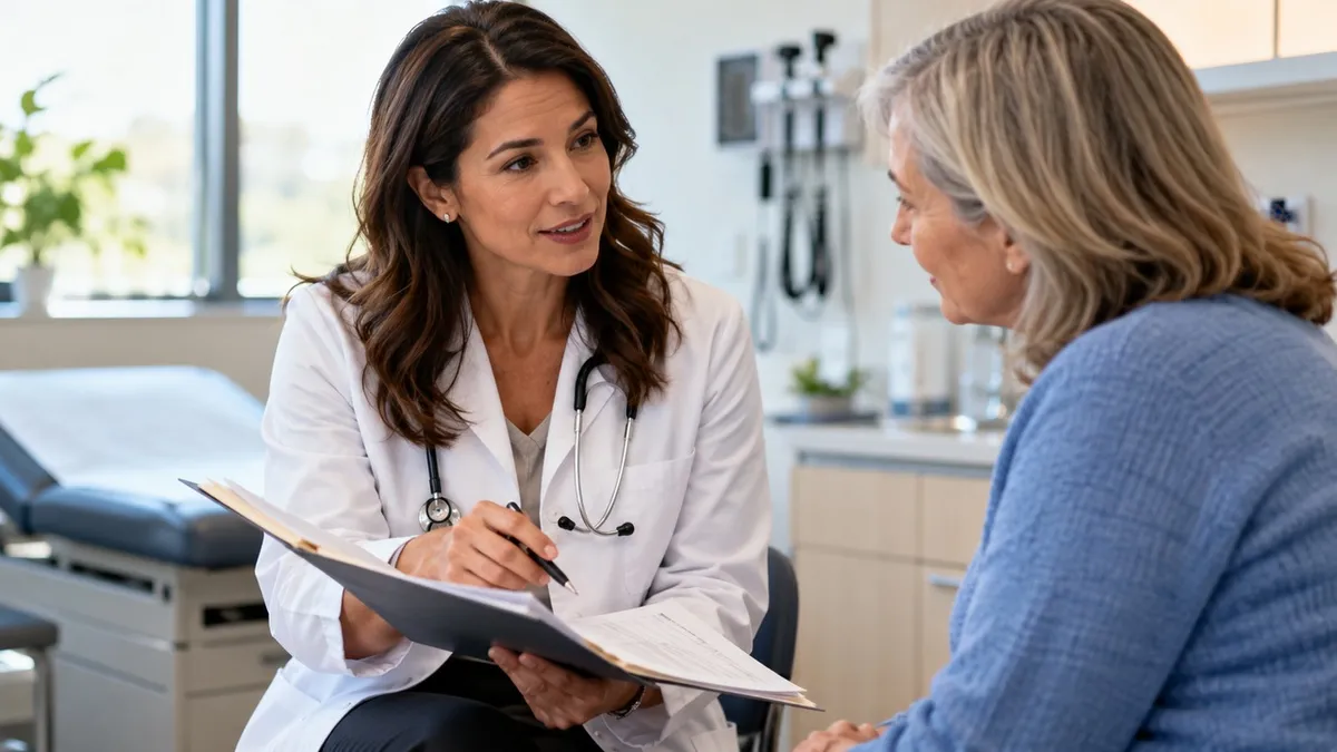 A doctor reviewing medical records with a patient in a clinic