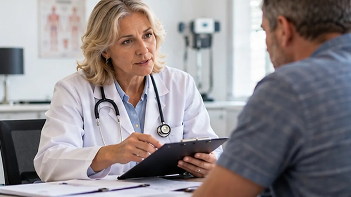 A neurologist reviewing a brain scan with a patient who has a traumatic brain injury