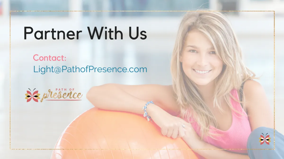 Woman rests her arms on an orange exercise ball, inviting collaboration with contact details displayed prominently.