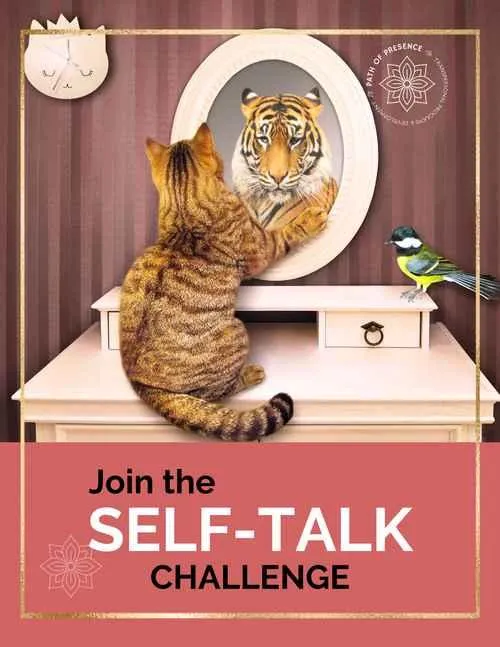 A cat gazes into a mirror, seeing a tiger reflection, with a bird perched nearby.