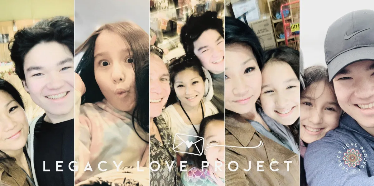 A collage of various people smiling and posing together in different settings, with text overlay: "LEGACY LOVE PROJECT."