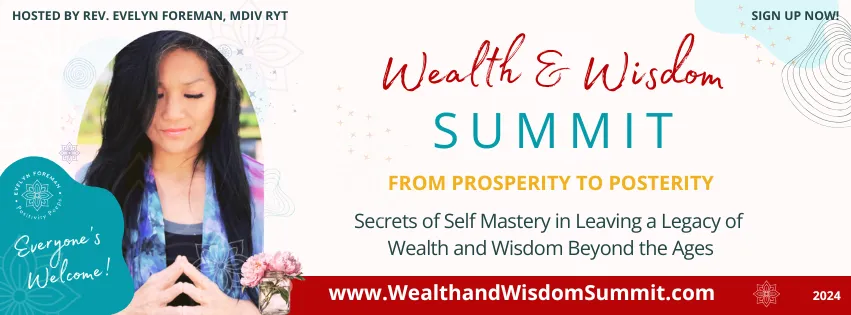 Promotional banner for the Wealth & Wisdom Summit, highlighting self-mastery and legacy,