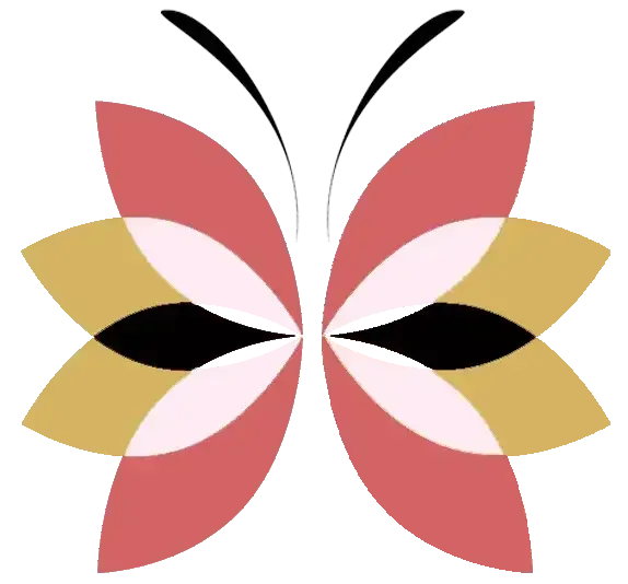 Abstract butterfly design with vibrant pink, yellow, and black shapes, featuring stylized wings and bold