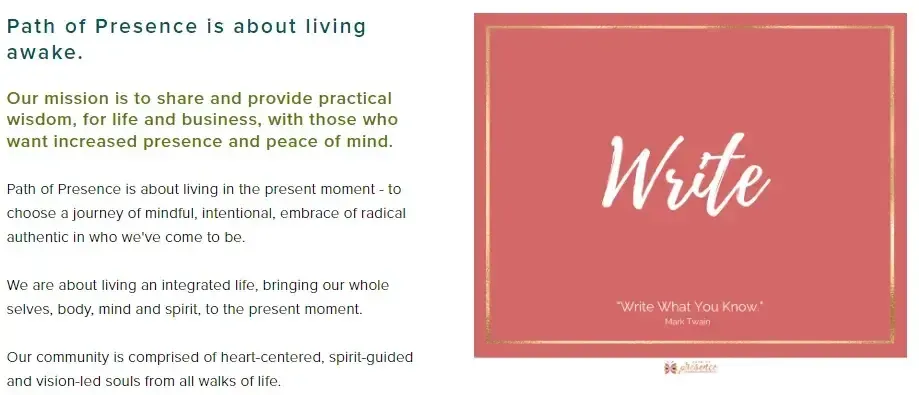 A graphic with the text "Path of Presence is about living awake"