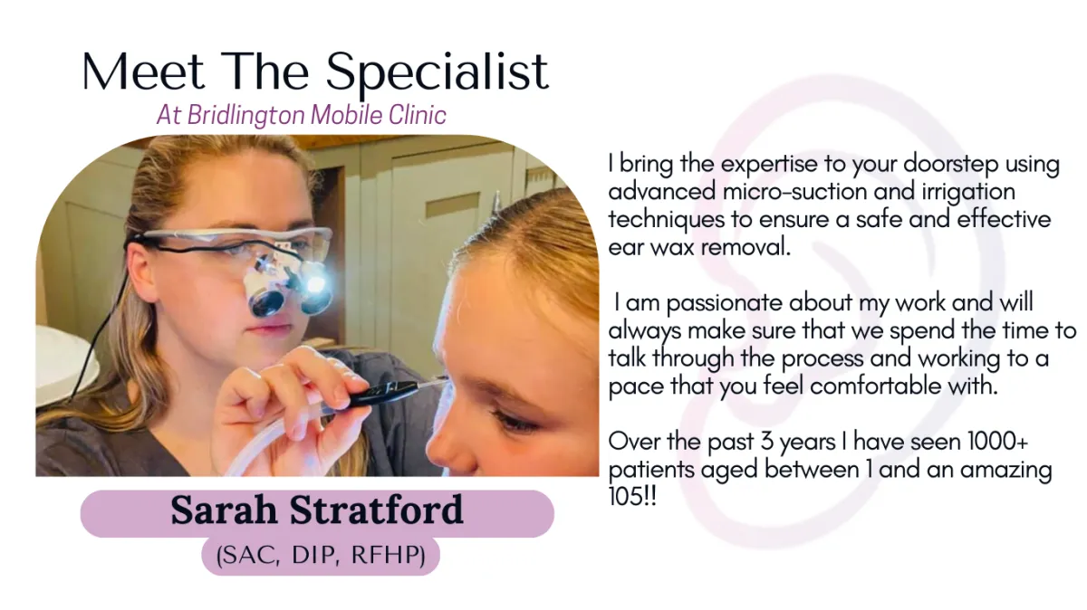 Infographic showing the specialist Sarah Stratford and a description of their work and experience