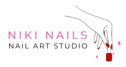 Logo for Niki Nails featuring the brand name in elegant pink font with a highlight of 'Nail Art Studio' underneath in black. To the side is an illustrated red nail polish bottle with vibrant pink gemstones cascading down, suggesting luxury nail services.