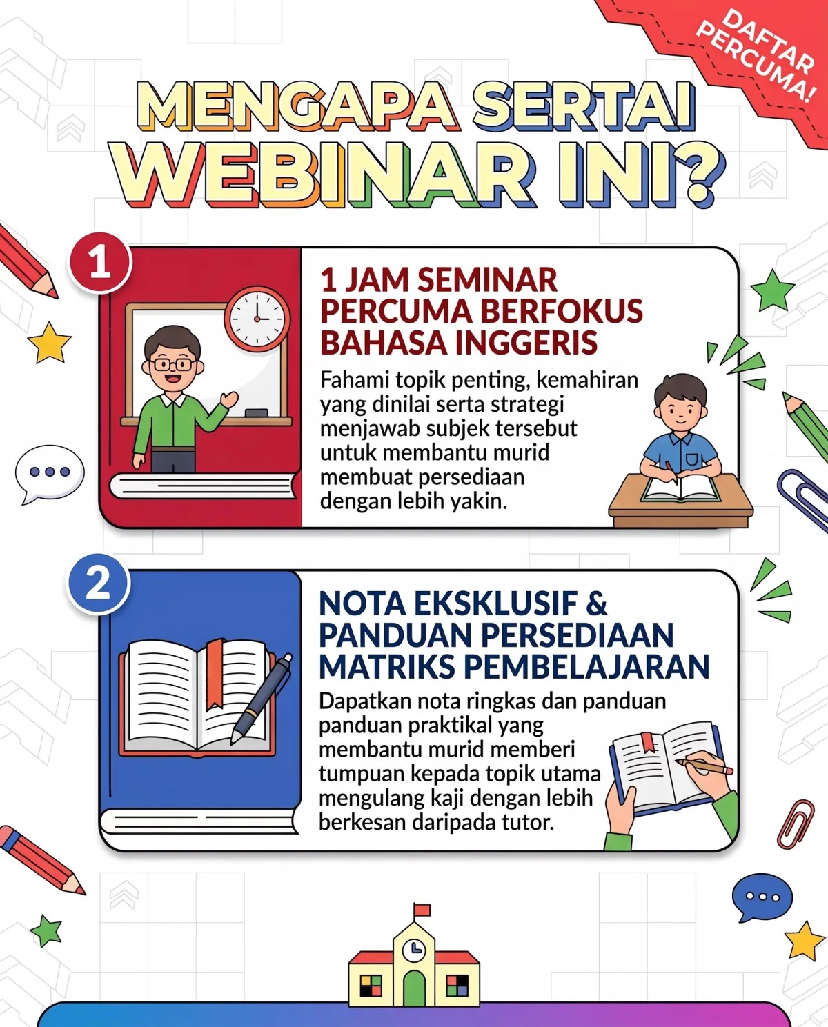 YouTube video player thumbnail showing a female tutor speaking, with overlay text 'Semua Murid Akan Dapat Akses'