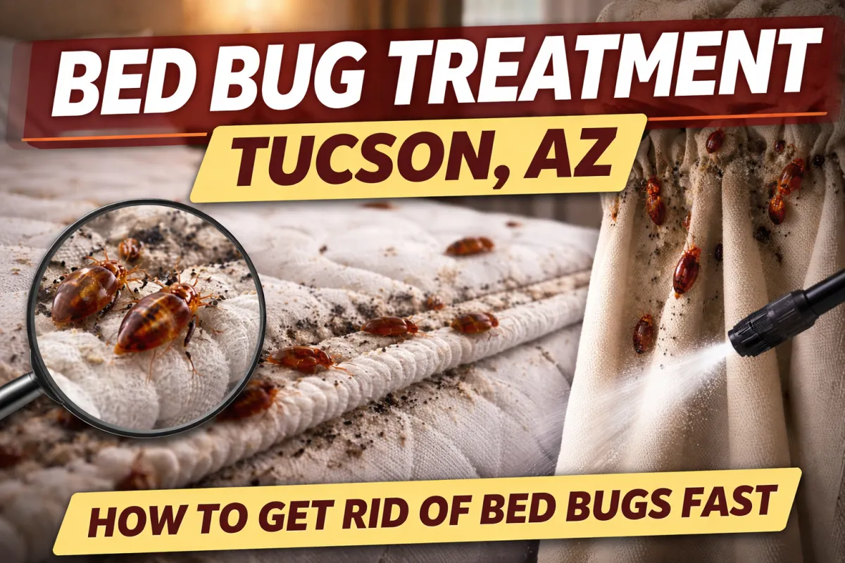 Bed bug treatment Tucson AZ with bed bugs on mattress and curtains during infestation