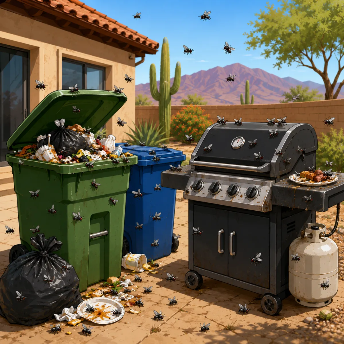 Flies swarming around overflowing trash bins and a dirty BBQ grill outside a Tucson desert home with cactus landscaping and mountains in the background.