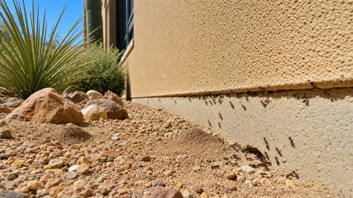 Ant trails and ant mounds visible along the foundation of a Tucson home with desert landscaping