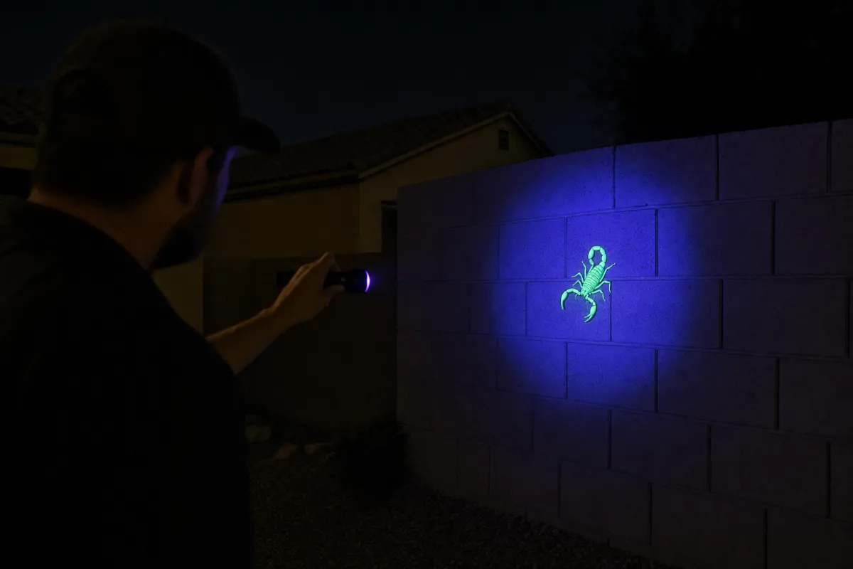 UV blacklight revealing a glowing scorpion on a block wall in a Vail AZ backyard