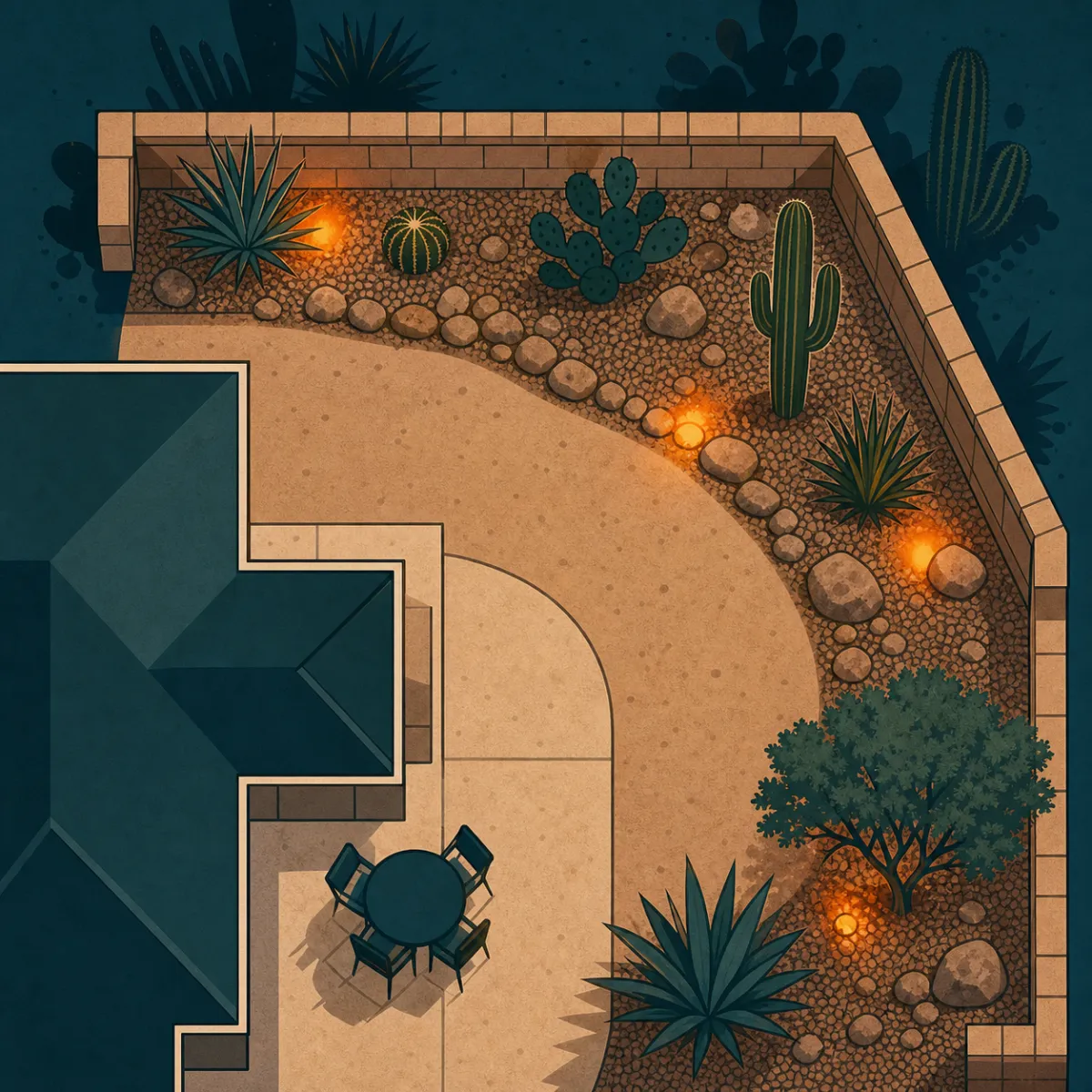 stylized diagram of a Tucson backyard with highlighted scorpion hot spots along the block wall and rock bed. (see the generated image above)