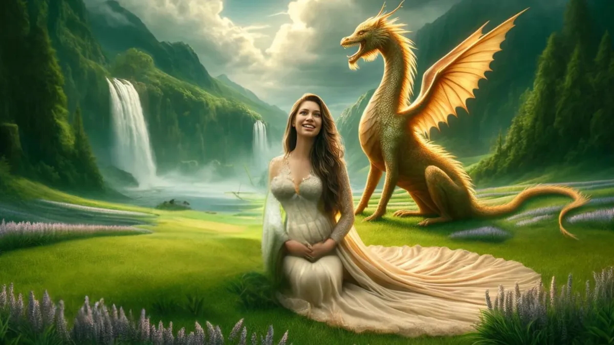 a woman miles at creation, her golden dragon behind her in a peaceful meadow