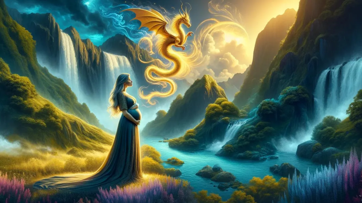 pregnant woman and her dragon look over a waterfall