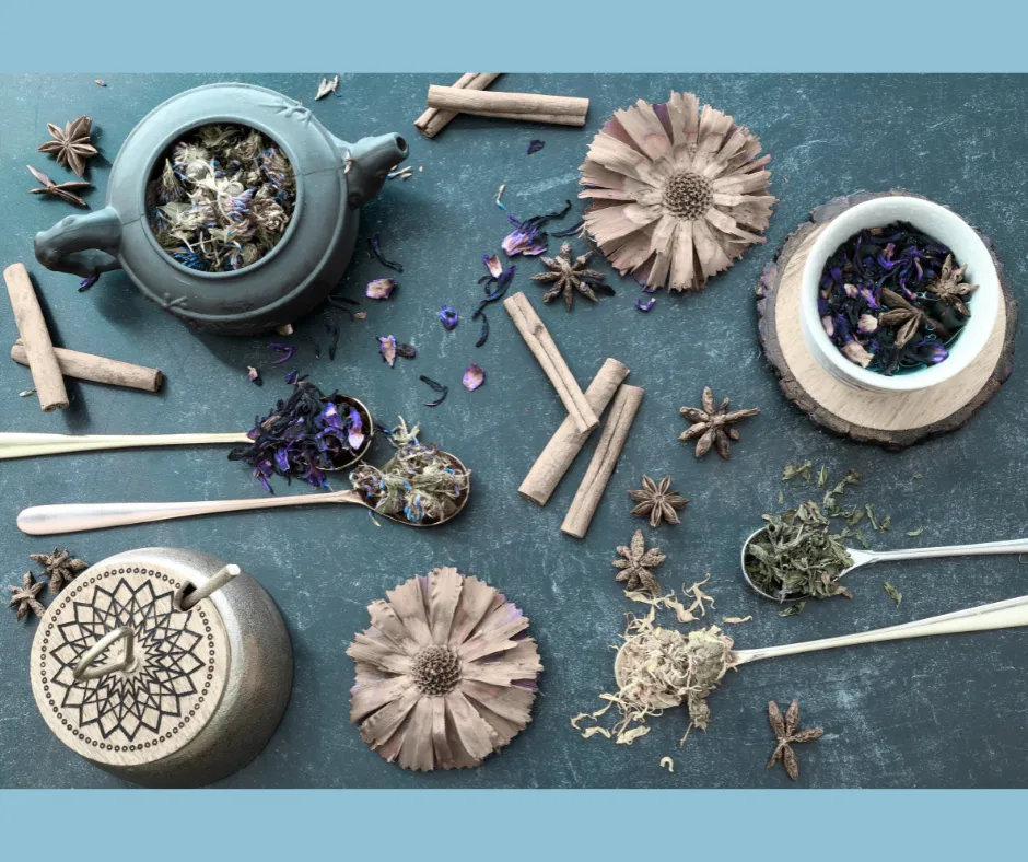 Tea pots and herbs and happy spoons
