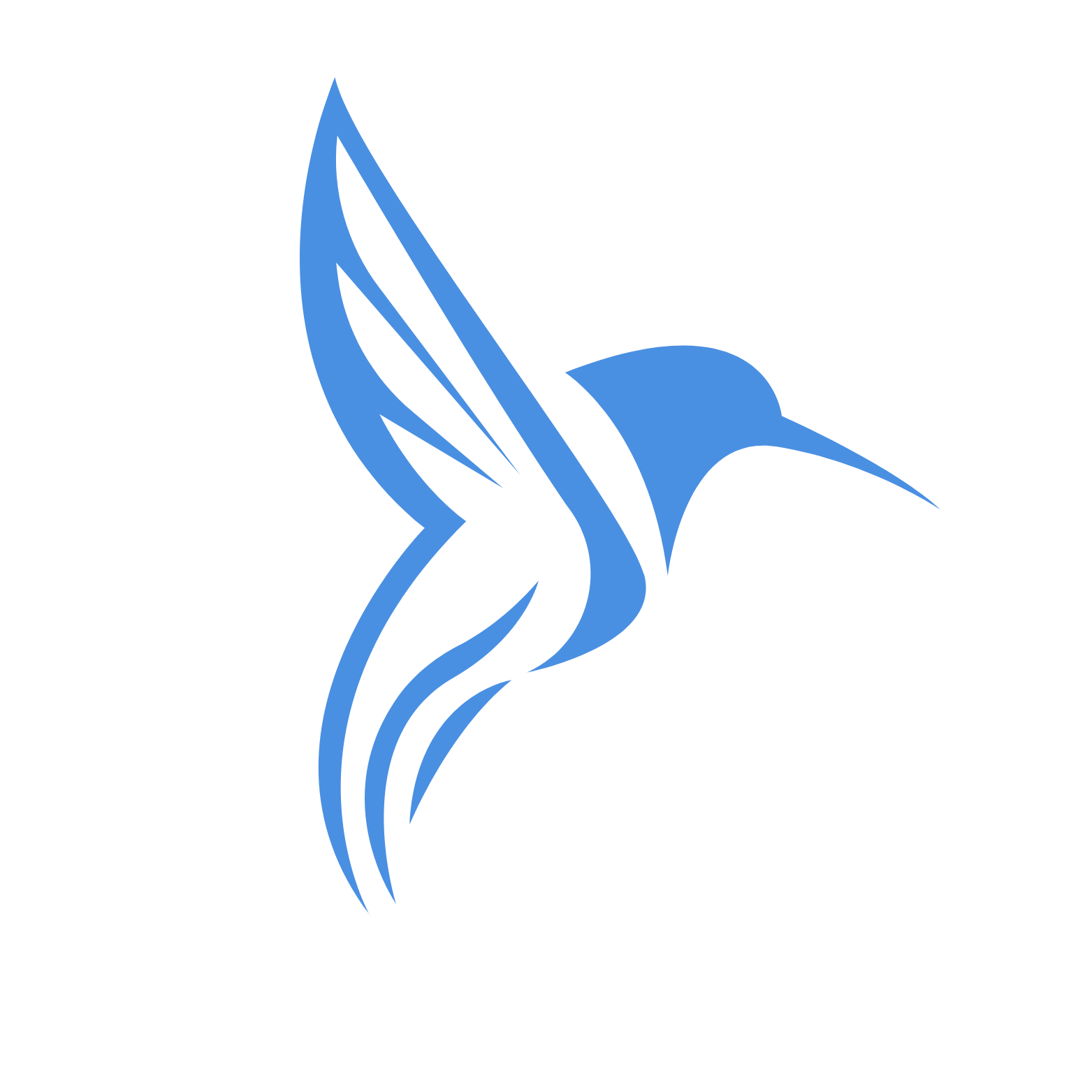 A stylized blue hummingbird logo
