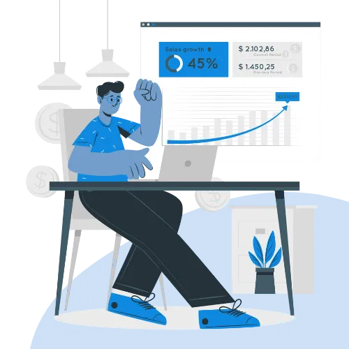 business owner sitting at computer with p&l in background