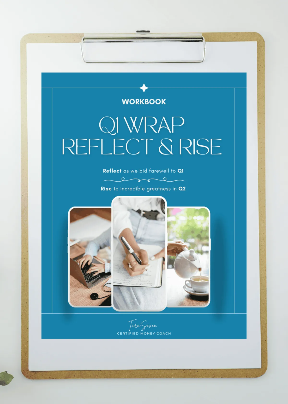 Cover of Reflect & Rise Workbook with hands journaling, typing and pouring tea