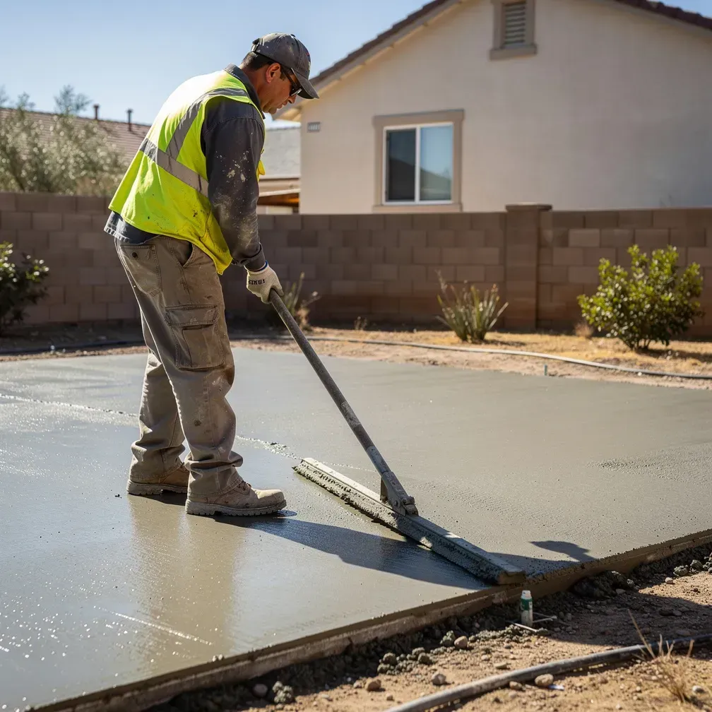 Concrete contractor smoothing a freshly poured slab with a bull float in Lancaster, CA
