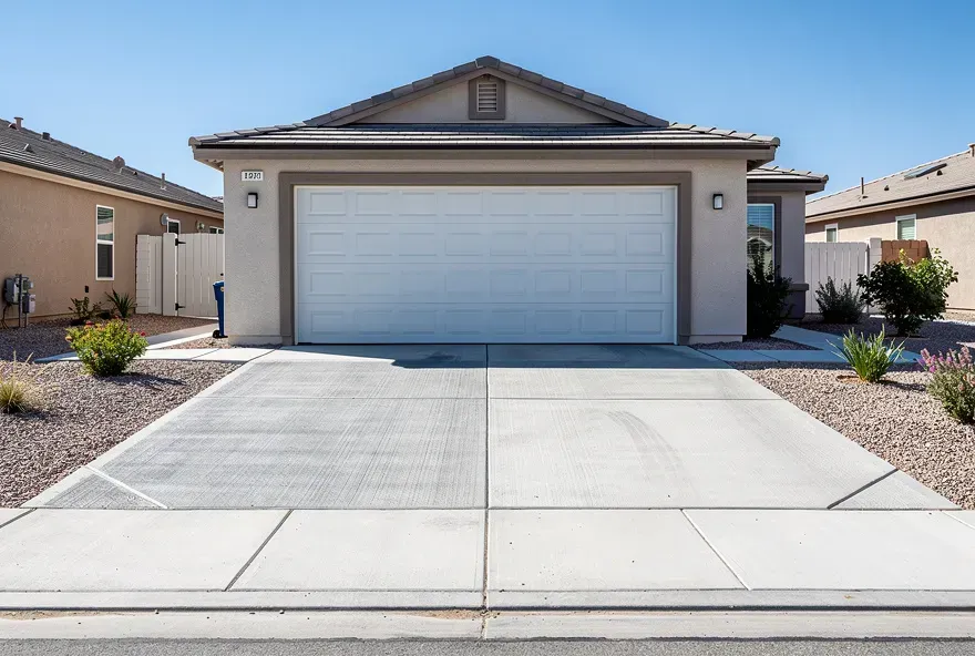 Newly finished concrete driveway attached to a garage in a Lancaster, CA home