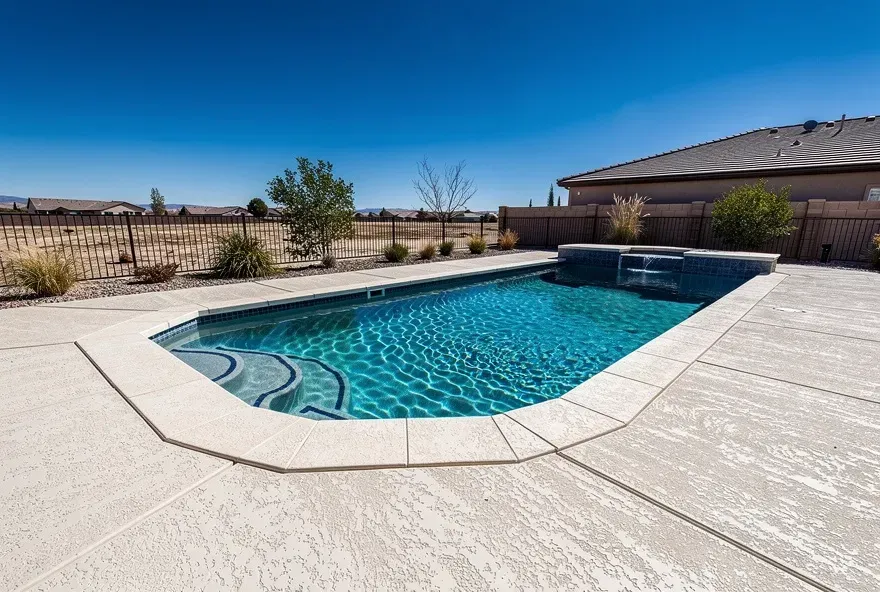 Concrete pool deck installed around a backyard pool in Lancaster, California