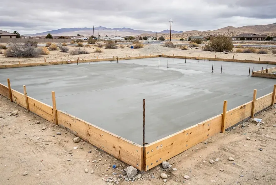  Freshly poured concrete foundation slab at a Lancaster, California job site