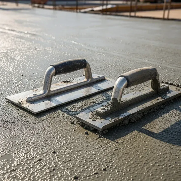 Close-up of concrete finishing tools resting on a freshly poured slab