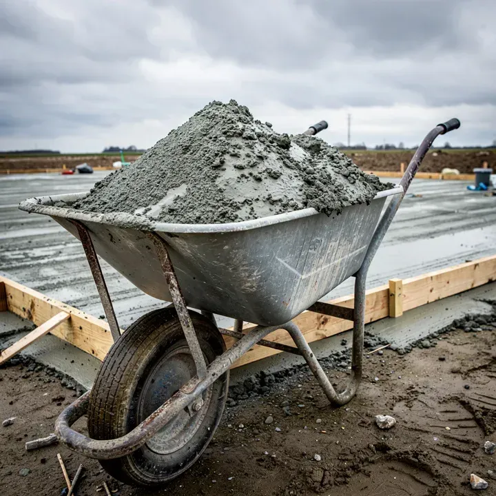 Wheelbarrow of wet concrete mix beside a partially poured slab