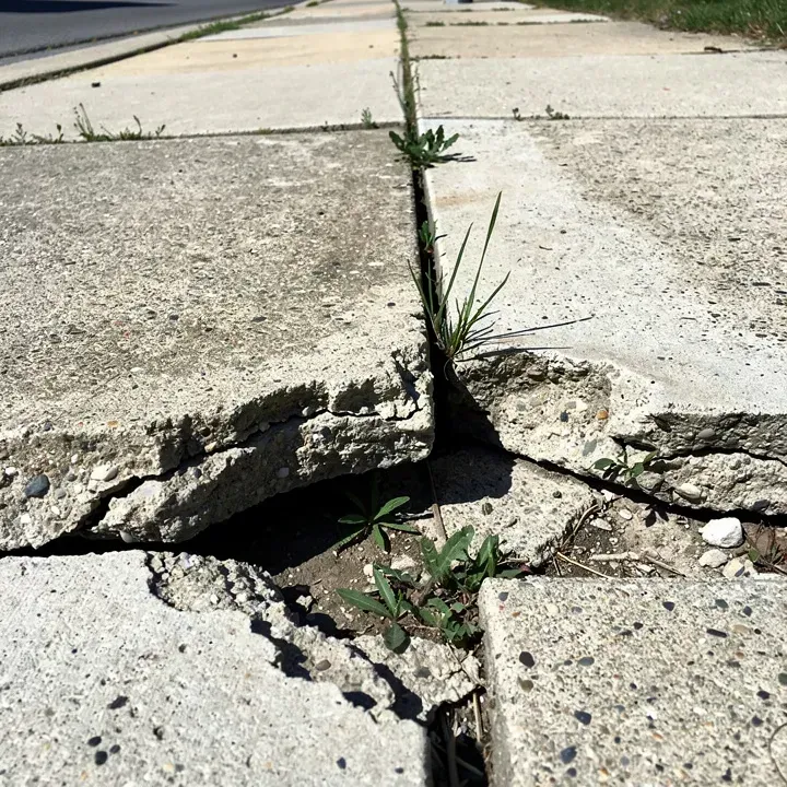 Close-up of a cracked, raised sidewalk slab creating a trip hazard