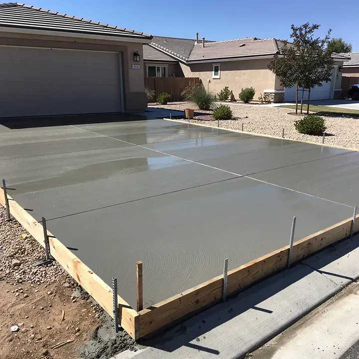 Freshly poured concrete driveway slab curing in Lancaster, California