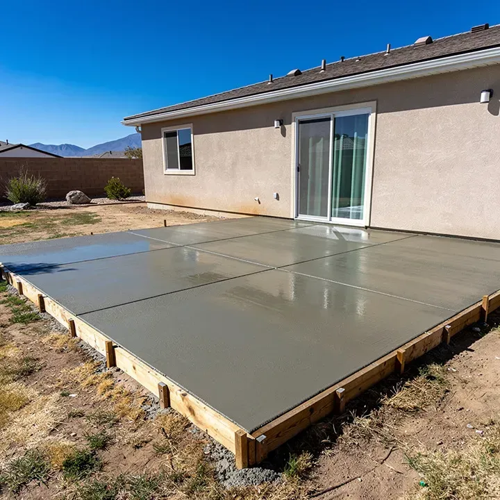 Freshly poured concrete patio slab attached to a home in Lancaster, California