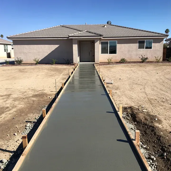 Freshly poured concrete sidewalk leading to a modest home in Lancaster, California