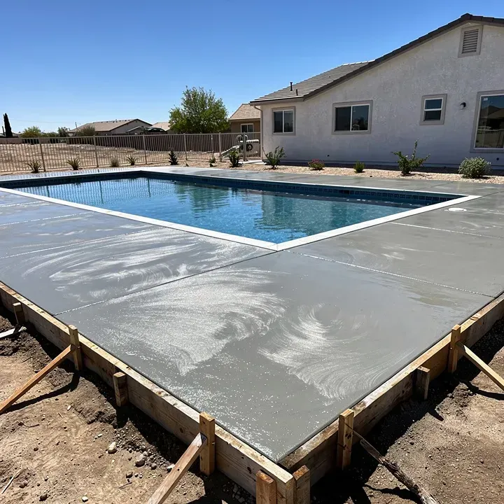 Freshly poured concrete pool deck curing around a backyard pool in Lancaster, CA