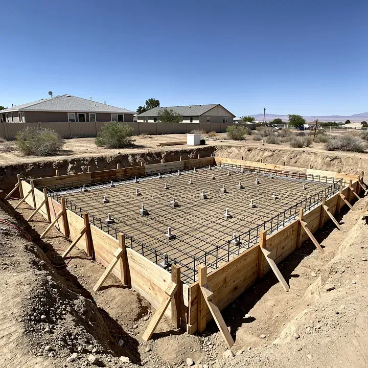 Prepared foundation site with forms and rebar before pouring in Lancaster, CA