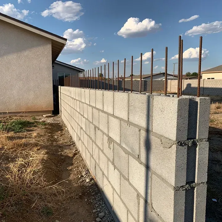 Concrete block wall under construction in a Lancaster, California backyard