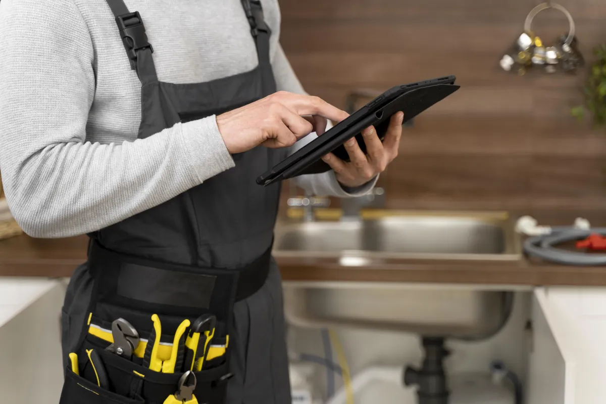 Plumber reviewing inspection paperwork in a residential kitchen with tools on belt.