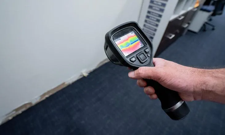 Technician using thermal scanner on carpet to detect hidden moisture from a slab leak near the wall in a Victorville property.