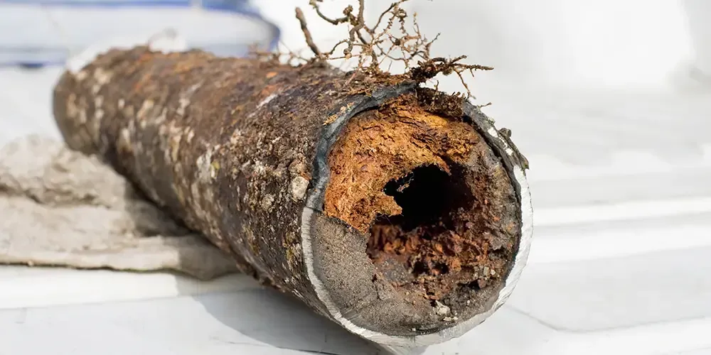 Exposed clay sewer pipe overrun with invasive tree roots entering at the joint and causing severe damage.